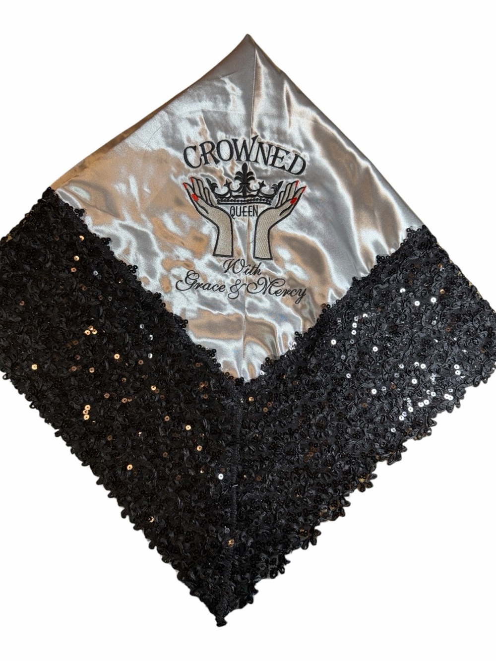 Elegant Handmade Embroidered Silver Satin Lap Scarf Black Sequin Trim Lap Scarf